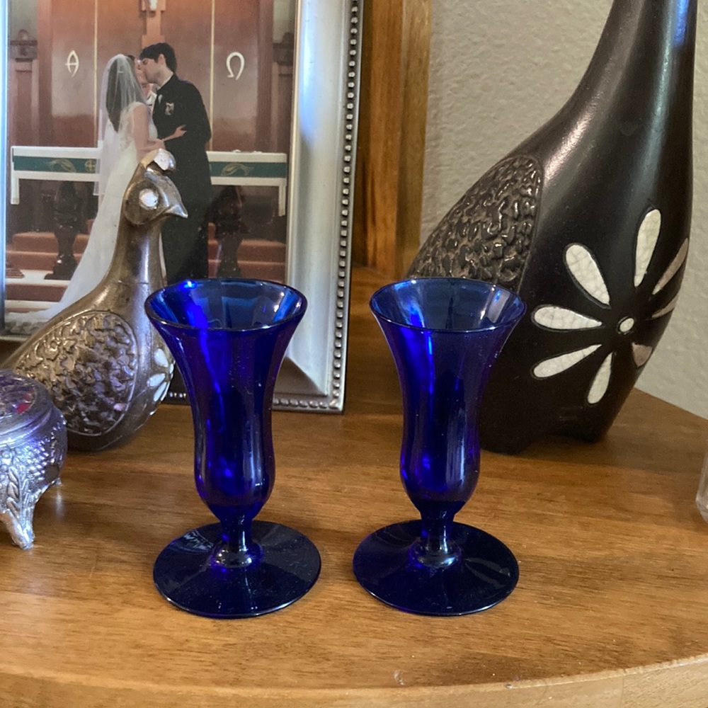 Vintage Cobalt Blue Glass Sherry Cordial Drinking Glasses